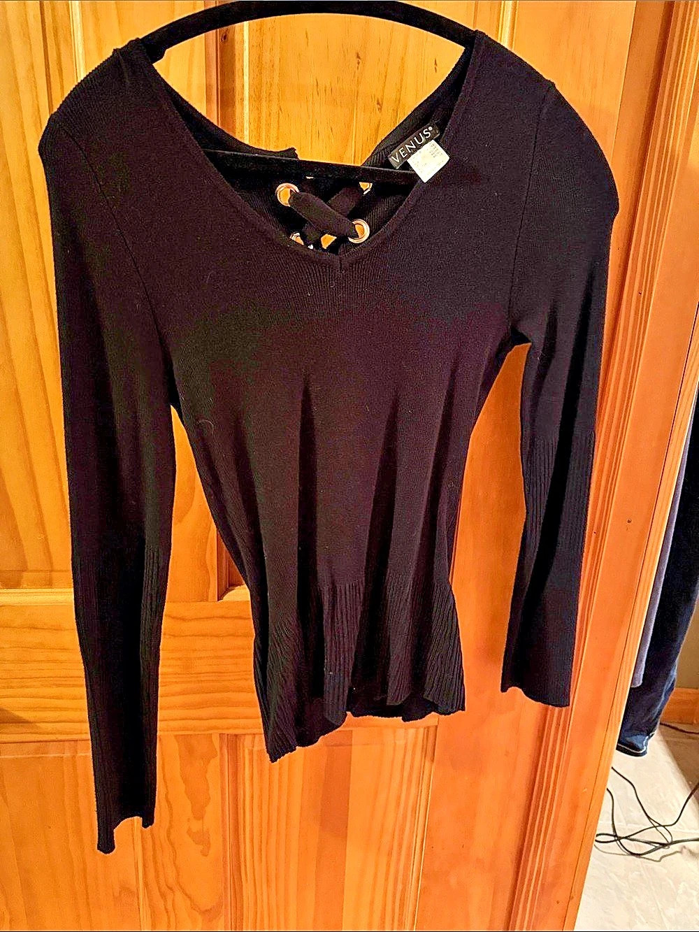 VENUS Black Lace-Up Long Sleeve Top Like New